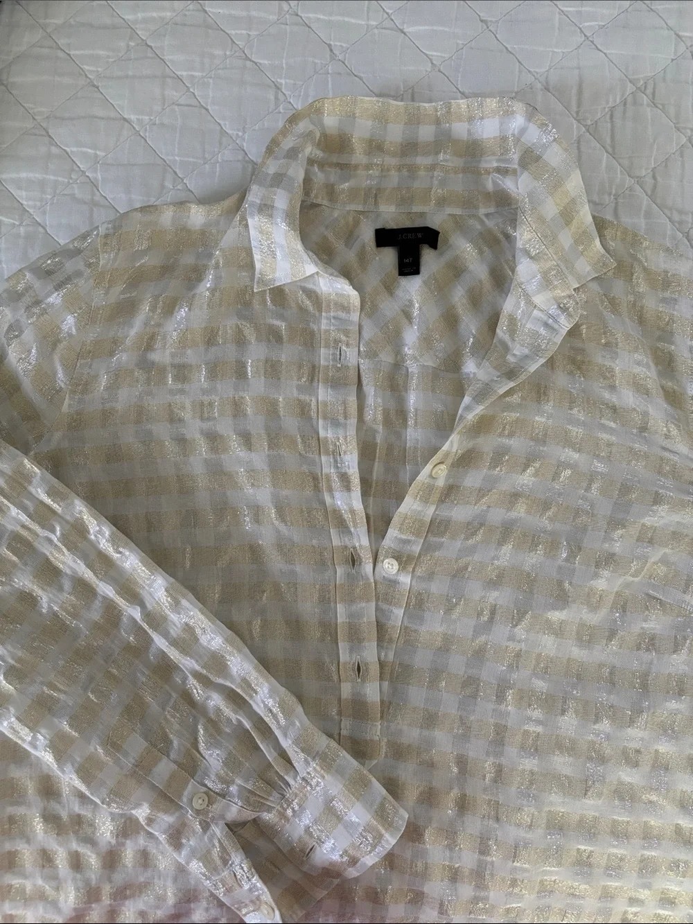 J. Crew White and Gold Soft Shimmer Metallic Check 5 Button Pop Over Shirt